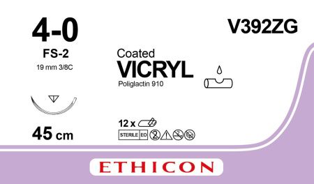 Нить шовная Vicryl CT Viol V392ZG 45cv M1,5 Usp4-0 S/A FS-2,  режущая 19мм 3/8с 1 шт